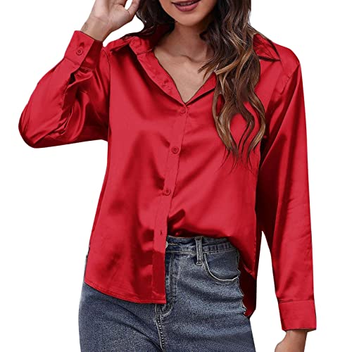 FASLOLSDP Satin-Hemd Damen Satin-Imitationsseide langärmliges Hemd europäische und amerikanische Außenhandels-Grenzkleidung Shirt Rot Kinder von FASLOLSDP