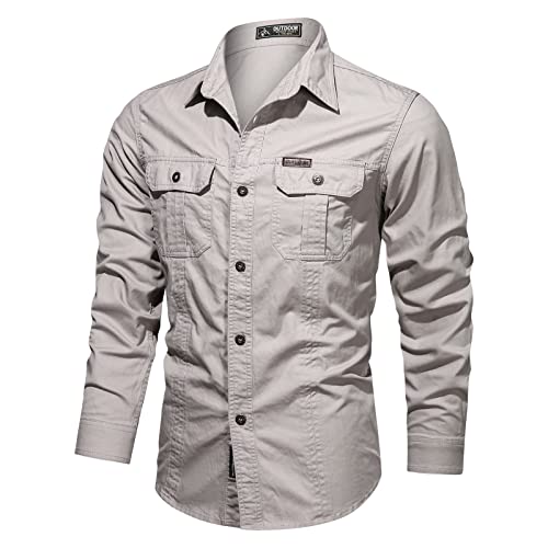 FASLOLSDP Herren T-Shirts Gentlemans Outdoor-Herren Plus Größe Baumwoll-Hemd-Ärmel Washed Hemden im Stil der Militär-Langhemden Businesshemden Für Herren von FASLOLSDP