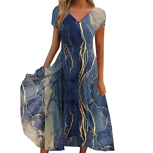 FASLOLSDP Kleid A Linie Langarm Damen Patchwork Damenkleid Chiffon Kleid (Blue, S) von FASLOLSDP