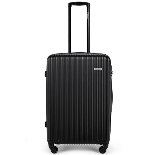 FASSLINE Reisekoffer Mittelgroß 66x46x25 cm 64l, Reisegepäck, Hartschale aus ABS, Vier 360°-Spinner-Rollen, Zahlenschloss, Teleskopgriff, Größe L, Hartschalen-Koffer Trolley Rollkoffer, Schwarz von FASSLINE