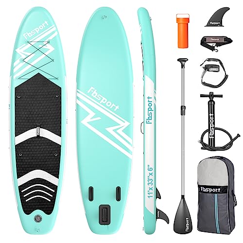 FBSPORT Aufblasbares SUP Board, Stand Up Paddling Board, Aufblasbare Stand Up Paddle Board für Stand-Up Paddling 15CM Dick, Surfbrett Kit mit Verstellbares Aluminium SUP Paddel+Pumpe(Green) von FBSPORT