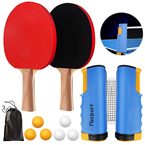 FBSPORT Tischtennis Set, 2 Tischtennisschläger mit 1 Einziehbarem Netz 6 Tischtennis Bälle und 1 Tragetasche, Tischtennisschläger Set für Familien Profis Indoor Outdoor von FBSPORT