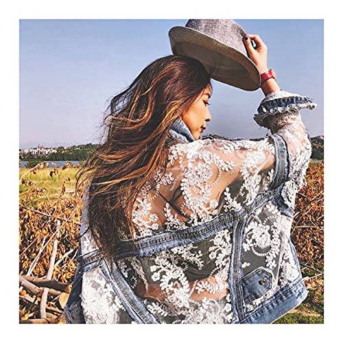 Damen Stickerei Jeansjacke - Sexy Spitze Patchwork Fashion Revers Jeans Outwear, Ausgefranste Quaste Streetwear Langarm Damen Herbst Cowboy Tops Mantel Für Damen Plus Größe S - 3XL,Blau,L Damen Stickerei Jeansjacke - Sexy Spitze Patchwork Fashion Revers Jeans Outwear, Ausgefranste Quaste Streetwear Langarm Damen Herbst Cowboy Tops Mantel Für Damen Plus Größe S - 3XL,Blau,L von FBYDLL