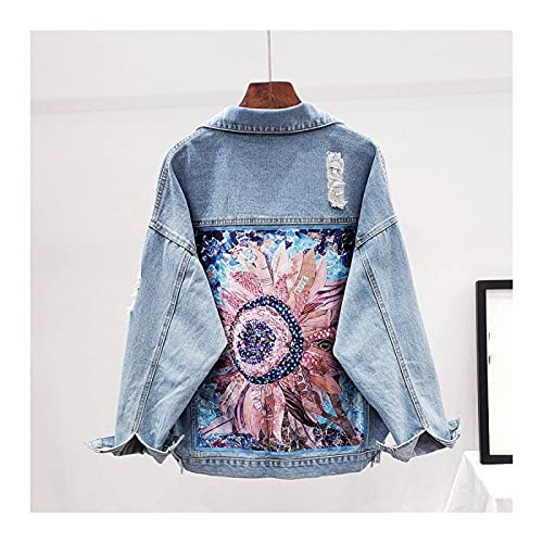 Damen Zerrissene Jeansjacke - Bohemian Blumenstickerei Fashion Streetwear Jeans Outwear Für Damen, Pailletten Applikationen Langarm Damen Herbst Cowboy Tops Mantel S - XL,Blau,XL von FBYDLL