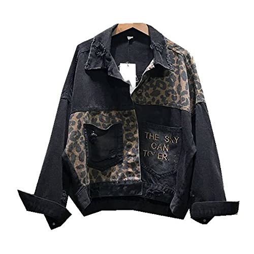 FBYDLL Damen Jeansjacke Mit Stickerei - Leopard Patchwork Cropped Crop Damen Jeans Outwear, Hip Hop Loose Utility Basic Tops Lässige Stretch-Passform, Waschung Klassisch Mode S - XL,Schwarz,XL FBYDLL Damen Jeansjacke Mit Stickerei - Leopard Patchwork Cropped Crop Damen Jeans Outwear, Hip Hop Loose Utility Basic Tops Lässige Stretch-Passform, Waschung Klassisch Mode S - XL,Schwarz,XL von FBYDLL