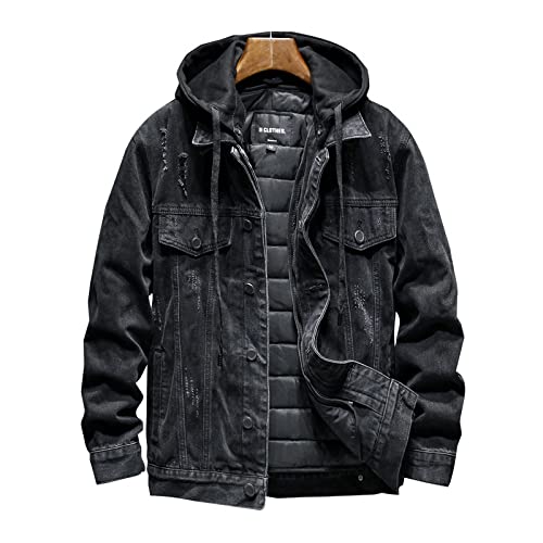 FBYDLL Herren Gefütterte Jeansjacke - Kapuzen Quilting Winter Sherpa Western Cowboy Mantel, Multi-Pocket Tooling Verdicken Trucker Jeans Outwear, Button Down Langarm Übergröße,Schwarz,XXL von FBYDLL