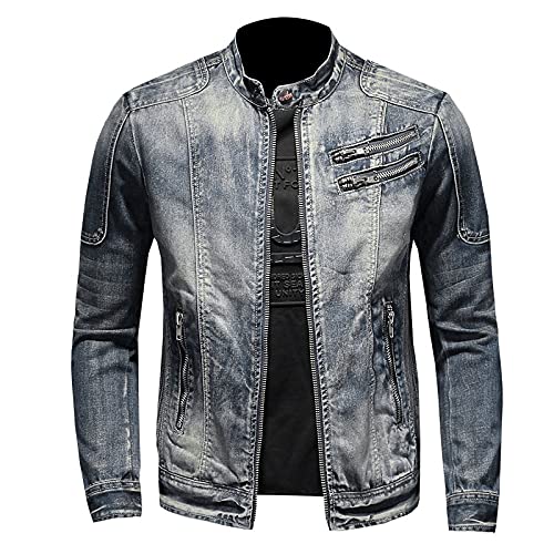 FBYDLL Herren Reißverschluss Denim Jacke-Bomber Baumwolle Slim Fit Jeansmantel, Punk Asymmetry Wash Klassisches Cowboy-Oberteil, Trucker-Kragenknopf Tun Sie Den Alten Stil Plus Größe M-6Xl,Blau,3XL von FBYDLL