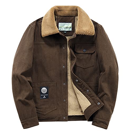 Herren Gefütterte Jeansjacke - Cord Bomber Tooling Winter Sherpa Western Cowboy Mantel, Pelzkragen Fleece Verdicken Trucker Jeans Outwear, Durchgehender Reißverschluss Langarm Übergröße,Braun,L Herren Gefütterte Jeansjacke - Cord Bomber Tooling Winter Sherpa Western Cowboy Mantel, Pelzkragen Fleece Verdicken Trucker Jeans Outwear, Durchgehender Reißverschluss Langarm Übergröße,Braun,L von FBYDLL