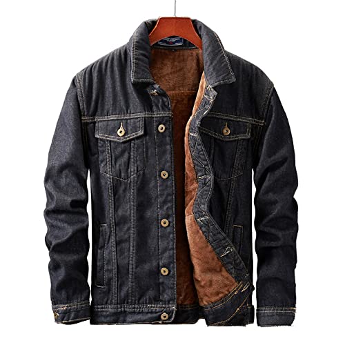 Herren Gefütterte Jeansjacke - Streifen Tooling Winter Sherpa Western Cowboy Mantel, Slim Fit Fleece Verdicken Trucker Jeans Outwear, Button Down Langarm Übergröße,Schwarz,XXL von FBYDLL