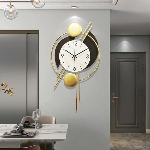 FDTMGW Große Wanduhr ohne Tickgeräusche, Moderne, markante Wanduhr aus Metall mit goldenem Pendel, Pendeluhr Schwarz Gold für Wohnzimmer, Schlafzimmer, Küche von FDTMGW