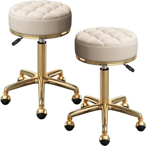 FDTMGW Runder rollender Barhocker, weißer Hocker für Schönheitssalons mit goldenen Chrom-Fünfklauen und drehbaren Rädern, verstellbar FDTMGW Runder rollender Barhocker, weißer Hocker für Schönheitssalons mit goldenen Chrom-Fünfklauen und drehbaren Rädern, verstellbar von FDTMGW