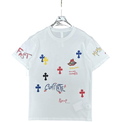 FDTURES 24S Student Männer Und Frauen Casual Mode T-Shirt Sommer Kreuz Kragen Leder Hand Gezeichnet Graffiti Kurzarm-color1||M von FDTURES