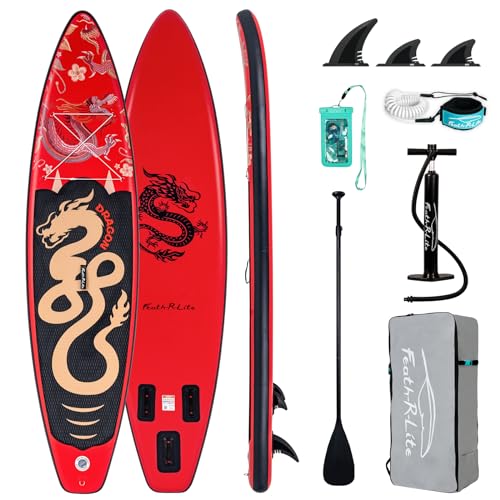 FEATH-R-LITE Aufblasbares Stand Up Paddling SUP Board mit Verstellbarem Paddel/Pumpe/Rucksack/Leine/wasserdichte Tasche/Kajak Sitz 350 * 83 * 15cm Drache von FEATH-R-LITE