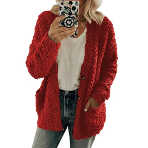 FEVKFTXF Flauschiger Fleecemantel für Damen, Strickjacke mit Knopfleiste vorne und Taschen (5X-Large,Red) von FEVKFTXF