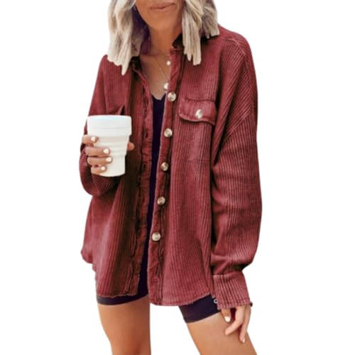 FEVKFTXF Übergroßes Shacket-Shirt aus Waffelstrick für Damen, Jacke, Button-Down-Bluse, lockere Passform, langärmliges Oberteil (Wine Red,Large) von FEVKFTXF