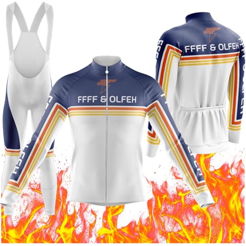 FFFF & OLFEH Herren Langarm Radtrikot Set Herren Fahrradbekleidung Set Herren Radbekleidung mit Thermofleecefutter Fahrradhose mit Sitzpolster + 9D Gel für Radfahren MTB Outdoor (PB2,XXL) von FFFF & OLFEH