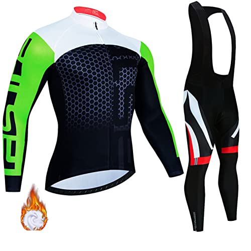 Fahrradbekleidung Herren Winter Set Winter Rennrad Trikot Herren, Herren Langarm Radtrikot Set Winter Radsportanzüge mit 3D Gel Gepolsterten Trägerhosen (A016,L) von FFFF & OLFEH