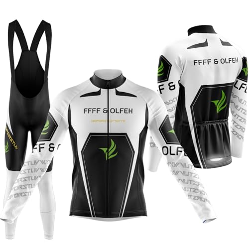 Herren Fahrradbekleidung,Radtrikot Set Herren Langarm Radjacke Set mit Thermofleecefutter Fahrradhose mit Sitzpolster + 9D Gel für Radfahren MTB Outdoor (PA8,XXL) von FFFF & OLFEH