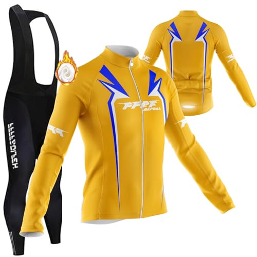 Herren Langarm Radjacke Set Langarm Herren Thermische Fleece Winter Fahrradbekleidung Radsportanzüge Fahrradtrikot mit Sitzpolster Fahrradbekleidung Set Radsportanzüge Trikot Set (PT9,S) von FFFF & OLFEH