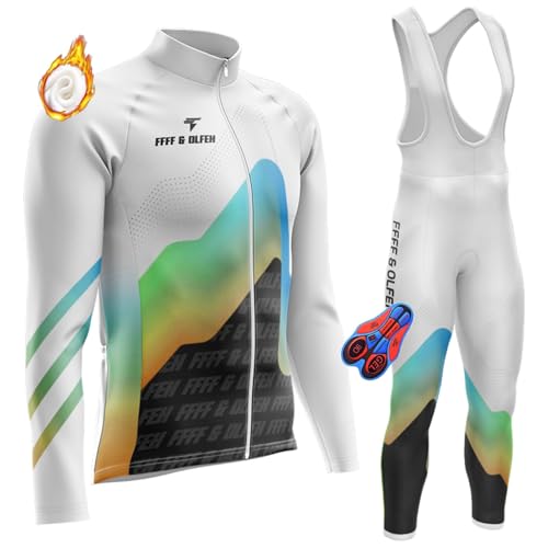 Herren Langarm Radtrikot Set Winter Radsportanzüge,Thermo Fahrradhose Lang mit Trägern - Warm - Atmungsaktiv - Reflektoren (T10,L) von FFFF & OLFEH