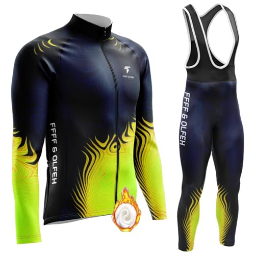 Herren Radtrikot Set Fahrradbekleidung Set, Langarm Fahrradtrikot Fleece Rennrad Trikot Herren Fahrradbekleidung Winddicht Atmungsaktiv mit 9D Sitzpolster (T2,XXL) von FFFF & OLFEH