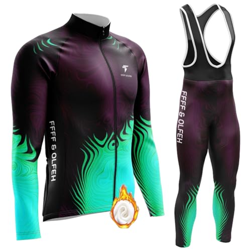 Herren Radtrikot Set Fahrradbekleidung Set, Langarm Fahrradtrikot Fleece Rennrad Trikot Herren Fahrradbekleidung Winddicht Atmungsaktiv mit 9D Sitzpolster (T4,XL) von FFFF & OLFEH