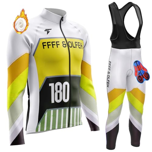 Radtrikot Set Herren Langarm Radjacke Set Winter Thermal mit 3D Sitzpolster Langarm Trägerhose Radhose Atmungsaktiv Elastische Schnell Trocknend Fahrrad Trikot (T2,M) von FFFF & OLFEH