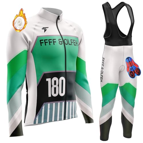 Radtrikot Set Herren Langarm Radjacke Set Winter Thermal mit 3D Sitzpolster Langarm Trägerhose Radhose Atmungsaktiv Elastische Schnell Trocknend Fahrrad Trikot (T4,M) von FFFF & OLFEH