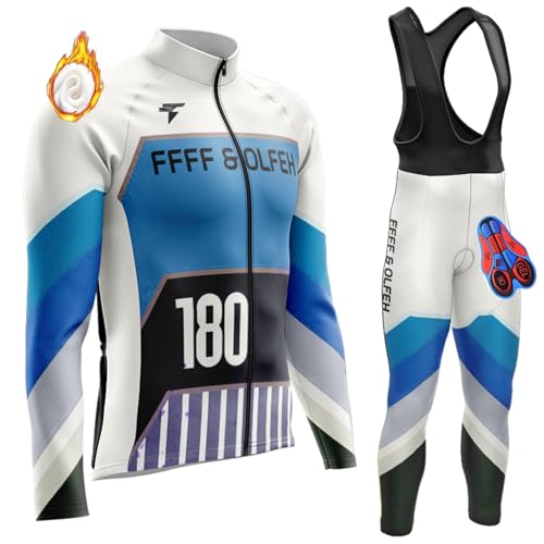 Radtrikot Set Herren Langarm Radjacke Set Winter Thermal mit 3D Sitzpolster Langarm Trägerhose Radhose Atmungsaktiv Elastische Schnell Trocknend Fahrrad Trikot (T5,L) von FFFF & OLFEH