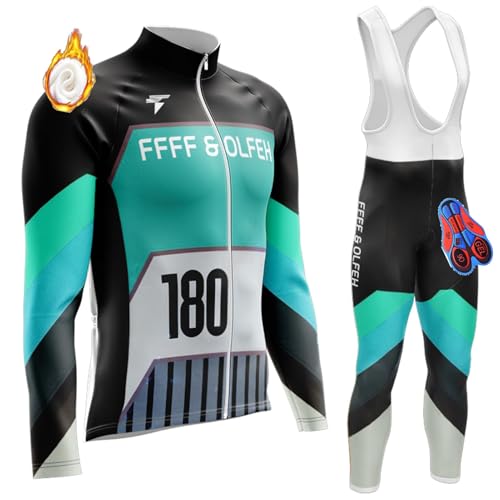 Radtrikot Set Herren Langarm Radjacke Set Winter Thermal mit 3D Sitzpolster Langarm Trägerhose Radhose Atmungsaktiv Elastische Schnell Trocknend Fahrrad Trikot (T8,4XL) von FFFF & OLFEH