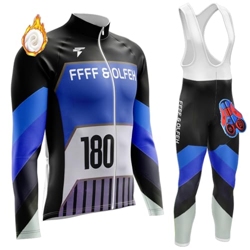 Radtrikot Set Herren Langarm Radjacke Set Winter Thermal mit 3D Sitzpolster Langarm Trägerhose Radhose Atmungsaktiv Elastische Schnell Trocknend Fahrrad Trikot (T9,6XL) von FFFF & OLFEH