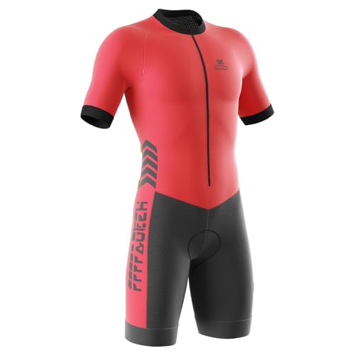 Triathlon Anzug Herren - Einteiliges Radtrikot - Trisuit Einteiler – Triathlonanzug - Triathlon Einteiler Kurz - 3Taschen für Wettkampf Run, Cycle, Swim,Strumpfhosen (Rot,L) von FFFF & OLFEH