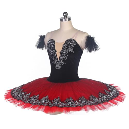 FGRID Balletttrikots für Mädchen, Schwanensee-Ballerina-Auftrittskostüm, Tutu-Pfannkuchen-Prinzessinnenkleid mit Camisole-Rock für den Wettkampf,Rot,150 von FGRID