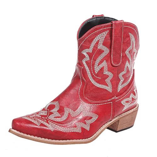 FGRID Bestickte Cowboystiefeletten für Damen, Westernstiefel mit Vintage-Faux-PU-Spitze und kurzer Kappe, Winterstiefeletten mit dickem Blockabsatz und Fellfutter,Rot,36 von FGRID