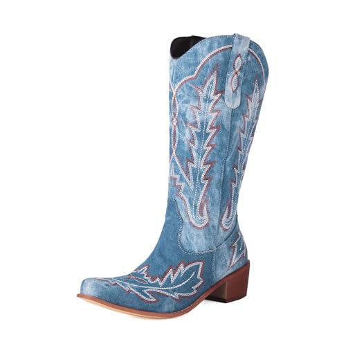 FGRID Bestickte Westernstiefel für Damen, große Cowgirlstiefel mit quadratischer Zehenpartie und mittlerer Wadenhöhe, Kniehohe Cowboystiefel mit Blockabsatz für den Winter,Blau,40 FGRID Bestickte Westernstiefel für Damen, große Cowgirlstiefel mit quadratischer Zehenpartie und mittlerer Wadenhöhe, Kniehohe Cowboystiefel mit Blockabsatz für den Winter,Blau,40 von FGRID