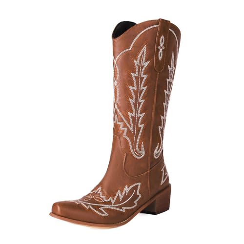 FGRID Bestickte Westernstiefel für Damen, große Cowgirlstiefel mit quadratischer Zehenpartie und mittlerer Wadenhöhe, Kniehohe Cowboystiefel mit Blockabsatz für den Winter,Braun,42 von FGRID