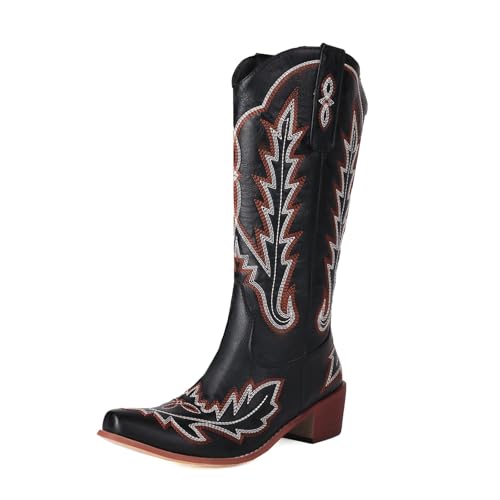 FGRID Bestickte Westernstiefel für Damen, große Cowgirlstiefel mit quadratischer Zehenpartie und mittlerer Wadenhöhe, Kniehohe Cowboystiefel mit Blockabsatz für den Winter,Schwarz,46 von FGRID