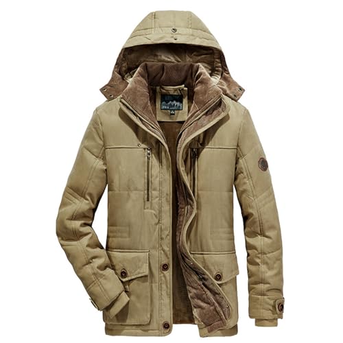 FGRID Cargo-Kapuzenjacke aus Wildlederimitat für Herren, winddichter Militärmantel Plüschfutter in Übergröße und mehreren Taschen, Wandermantel Reißverschluss den Außenbereich,Khaki,6XL von FGRID