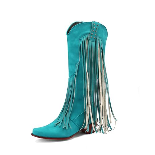 FGRID Cowboy-Cowgirlstiefel für Damen bis zur Mitte der Wade, hohe Westernstiefel mit Fransen und Retro-Wildleder im Retro-Stil, Kniehohe Stiefel mit eckiger Zehenpartie und Quaste,Blau,34 FGRID Cowboy-Cowgirlstiefel für Damen bis zur Mitte der Wade, hohe Westernstiefel mit Fransen und Retro-Wildleder im Retro-Stil, Kniehohe Stiefel mit eckiger Zehenpartie und Quaste,Blau,34 von FGRID