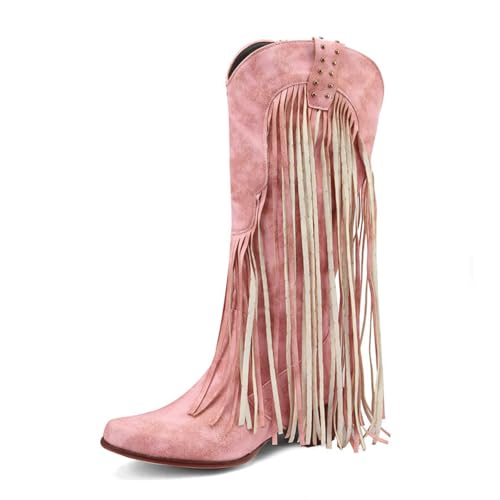 FGRID Cowboy-Cowgirlstiefel für Damen bis zur Mitte der Wade, hohe Westernstiefel mit Fransen und Retro-Wildleder im Retro-Stil, Kniehohe Stiefel mit eckiger Zehenpartie und Quaste,Rosa,35 von FGRID