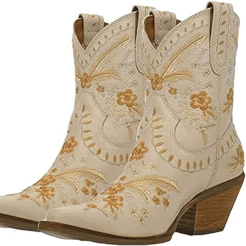 FGRID Cowboy-Stiefeletten für Damen, Western-Stiefeletten aus breitem Kalbsleder mit Retro-Blumenstickerei, Winter-Stiefeletten mit klobigem Absatz und Abgerundeter Zehenpartie,Beige,37 von FGRID