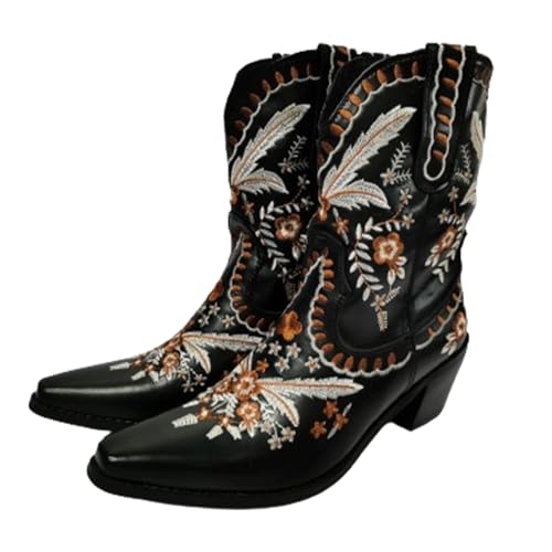 FGRID Cowboy-Stiefeletten für Damen, Western-Stiefeletten aus breitem Kalbsleder mit Retro-Blumenstickerei, Winter-Stiefeletten mit klobigem Absatz und Abgerundeter Zehenpartie,Schwarz,37 von FGRID