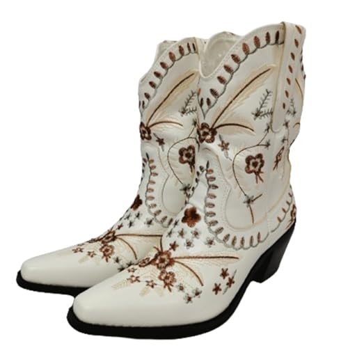 FGRID Cowboy-Stiefeletten für Damen, Western-Stiefeletten aus breitem Kalbsleder mit Retro-Blumenstickerei, Winter-Stiefeletten mit klobigem Absatz und Abgerundeter Zehenpartie,Weiß,39 von FGRID