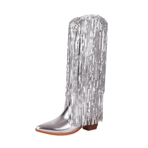FGRID Cowboystiefel mit Fransen für Damen, große Stiefel mit glitzernden Pailletten und Quasten bis zur Mitte der Wade, Winterstiefel dickem Blockabsatz Glitzer-Westernstiefeln,Silber,40 FGRID Cowboystiefel mit Fransen für Damen, große Stiefel mit glitzernden Pailletten und Quasten bis zur Mitte der Wade, Winterstiefel dickem Blockabsatz Glitzer-Westernstiefeln,Silber,40 von FGRID