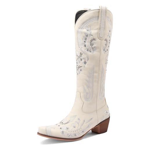 FGRID Damen-Cowboystiefel mit Blumenstickerei, Kunst-PU-Strasssteinen, Blockabsatz, Snip-Toe-Stiefel, Winterstiefel mit seitlichem Reißverschluss und halbhohem Western-Absatz,Beige,37 von FGRID