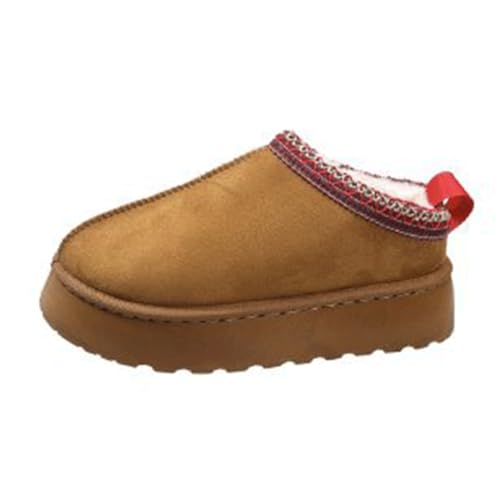 FGRID Damen-Hausschuhe, Plateau-Mini-Stiefel, modische Wildleder-Fleece-gefütterte Sneakers, Knöchel-Schneestiefel, rutschfeste Winter-Slip-on-Short-Booties,Camel,40 von FGRID