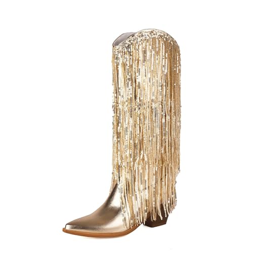 FGRID Damenstiefel mit Fransen in Metallic-Optik, Halbhohe Cowgirlstiefel, übergroße Westernstiefel mit spitzer Spitze, Paillettenquaste und kniehohem Absatz Funkelnde Partystiefel,Gold,41 FGRID Damenstiefel mit Fransen in Metallic-Optik, Halbhohe Cowgirlstiefel, übergroße Westernstiefel mit spitzer Spitze, Paillettenquaste und kniehohem Absatz Funkelnde Partystiefel,Gold,41 von FGRID