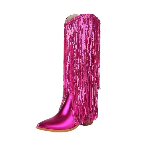 FGRID Damenstiefel mit Fransen in Metallic-Optik, Halbhohe Cowgirlstiefel, übergroße Westernstiefel mit spitzer Spitze, Paillettenquaste und kniehohem Absatz Funkelnde Partystiefel,Rosa,38 von FGRID