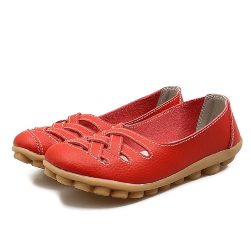 FGRID Flache Damen-Slipper aus Leder, modische Mokassins mit runder Spitze und ausgehöhlten Mokassins, atmungsaktive Slip-On-Schuhe für Krankenschwestern in Übergröße,Rot,39 FGRID Flache Damen-Slipper aus Leder, modische Mokassins mit runder Spitze und ausgehöhlten Mokassins, atmungsaktive Slip-On-Schuhe für Krankenschwestern in Übergröße,Rot,39 von FGRID
