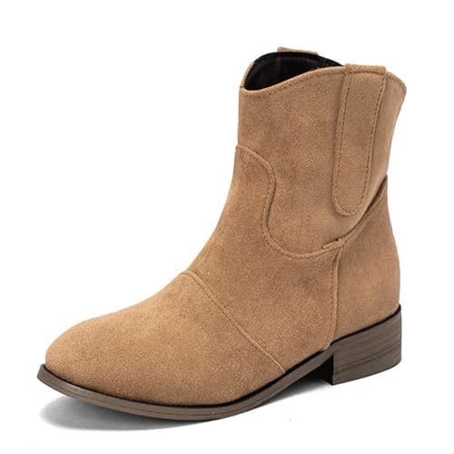 FGRID Flache Westernstiefeletten für Damen, Kurze Cowgirl-Stiefeletten aus Wildleder im Vintage-Stil einfarbig, Winter Chelsea-Stiefeletten mit klobigem niedrigem Absatz,Khaki,36 von FGRID